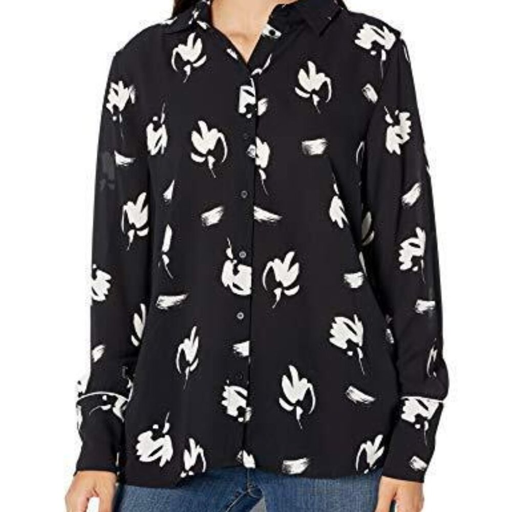 A|X Armani Exchange Women's Floral Print Long Sleeve Shirt, Black/White Micro- L